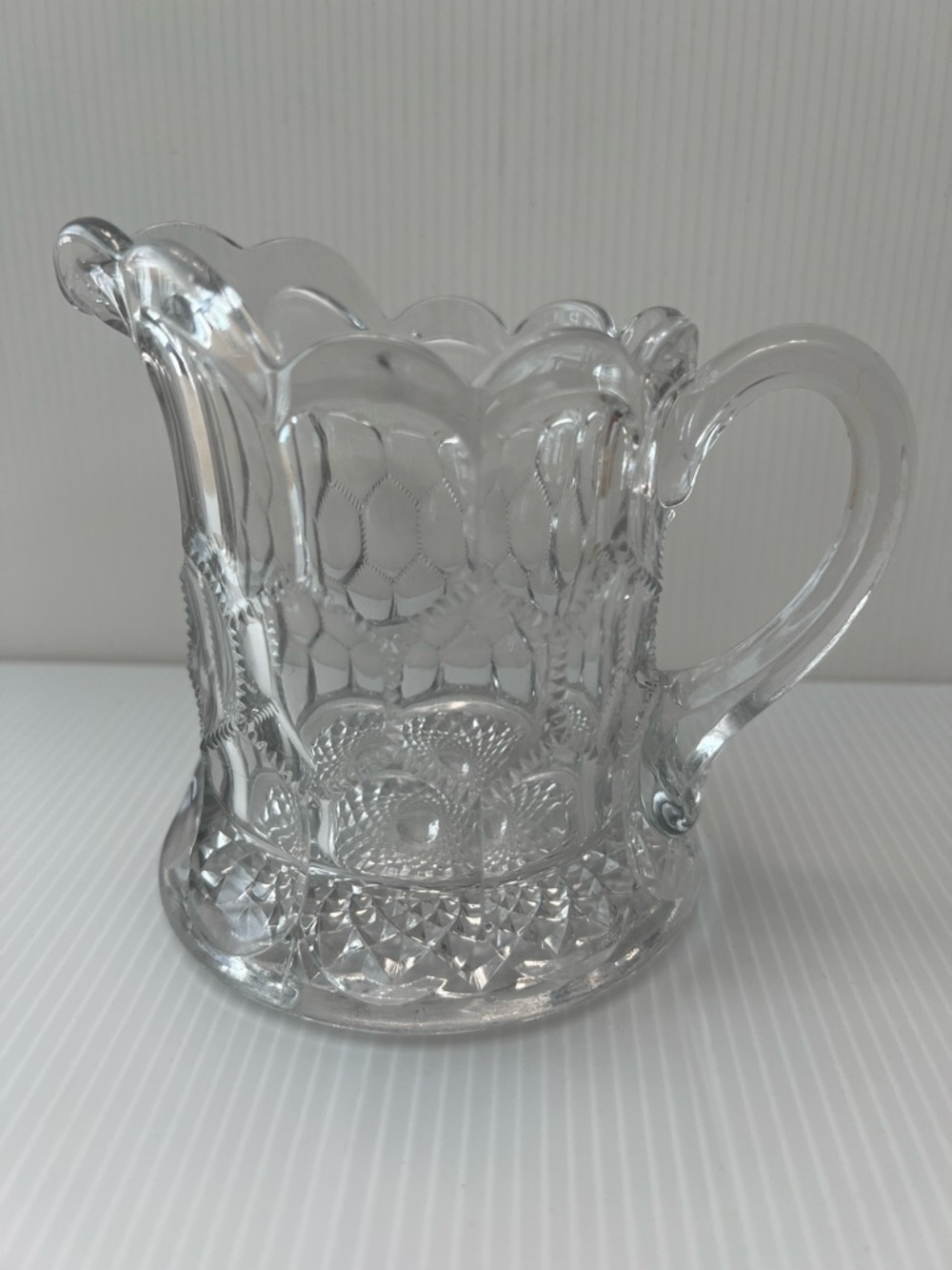 Vintage Creamer/Pitcher Thumbprint Clear Pressed Glass, Scalloped Rim